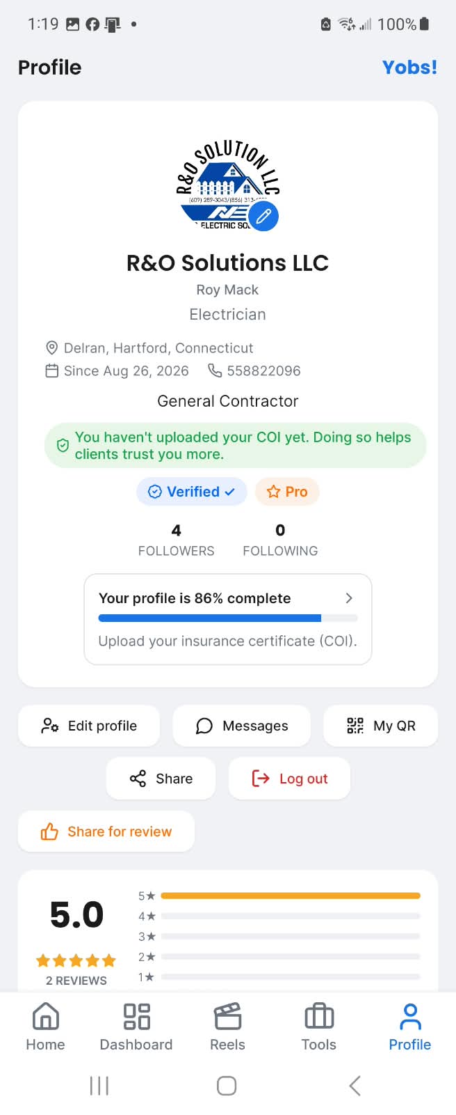 Yobs! App - Professional Profile